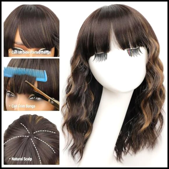 Synthetic Bob Wig with Bangs Heat Resistant Wavy Curly Hairstyle for Daily Party main image 4